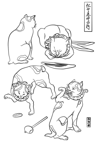 Four Cats In Different Poses By Utagawa Kuniyoshi Coloring Page